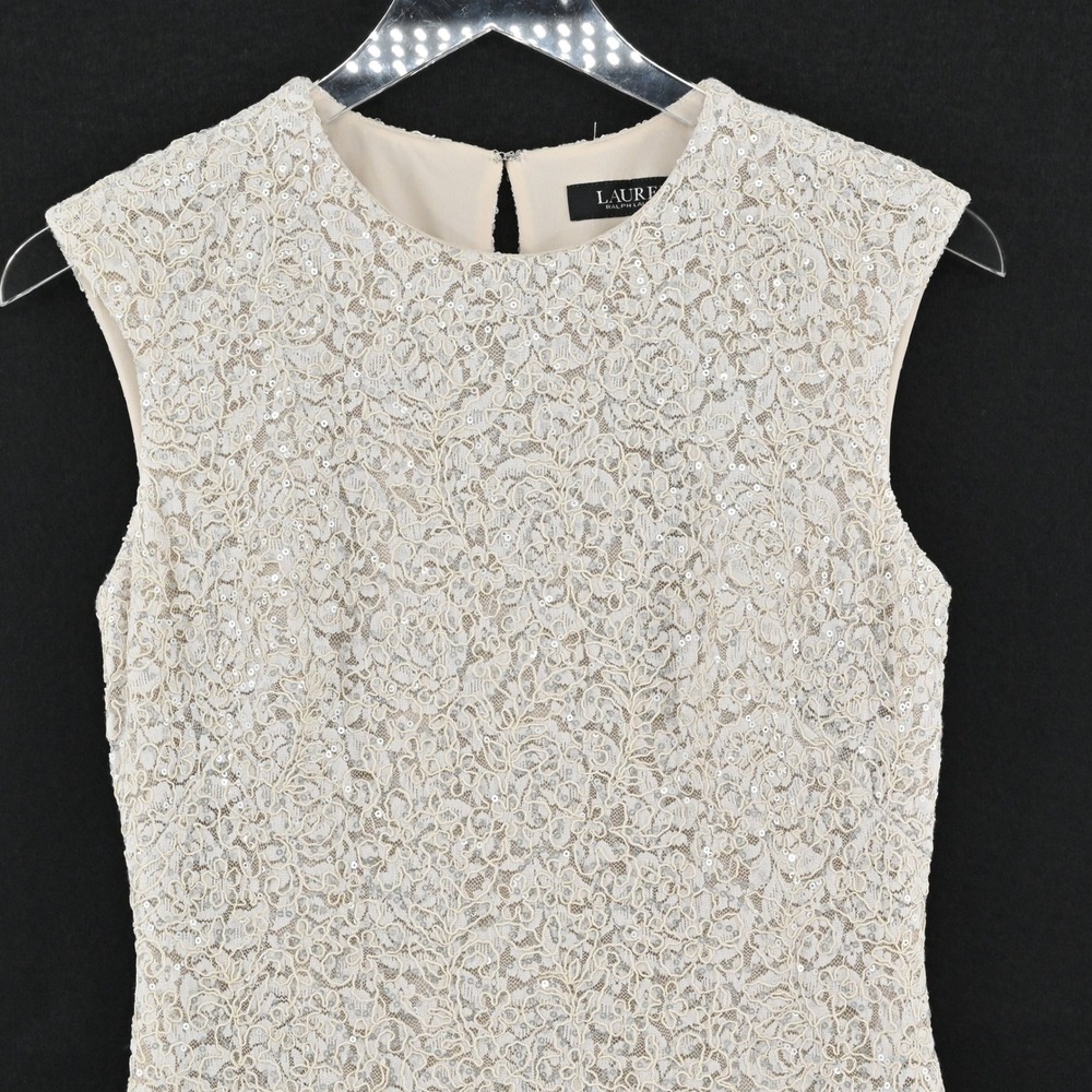 Ralph Lauren Lace Sheath Dress Womens Size 2 Ivory Formal Sequin Sleeveless LRL - Picture 11 of 15